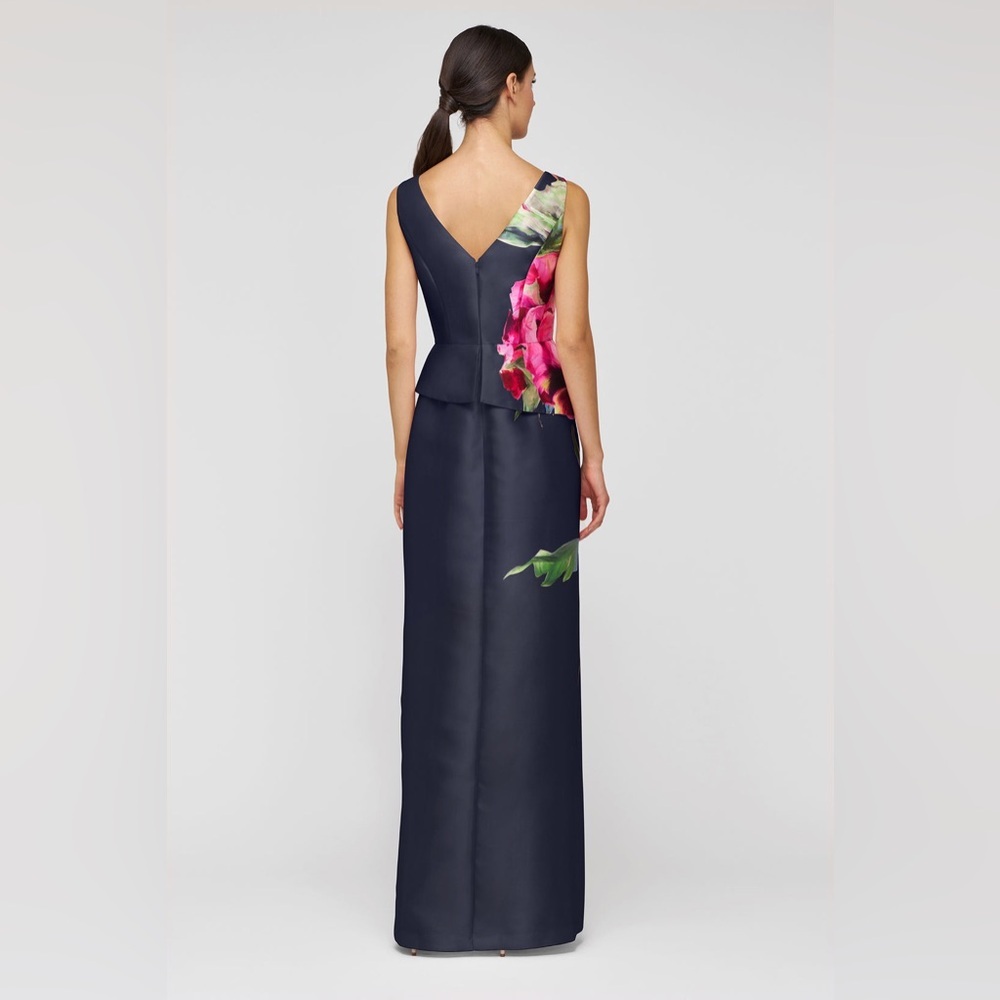 new Kay Unger Luciana column gown in midnight navy blue floral print - Picture 2 of 8